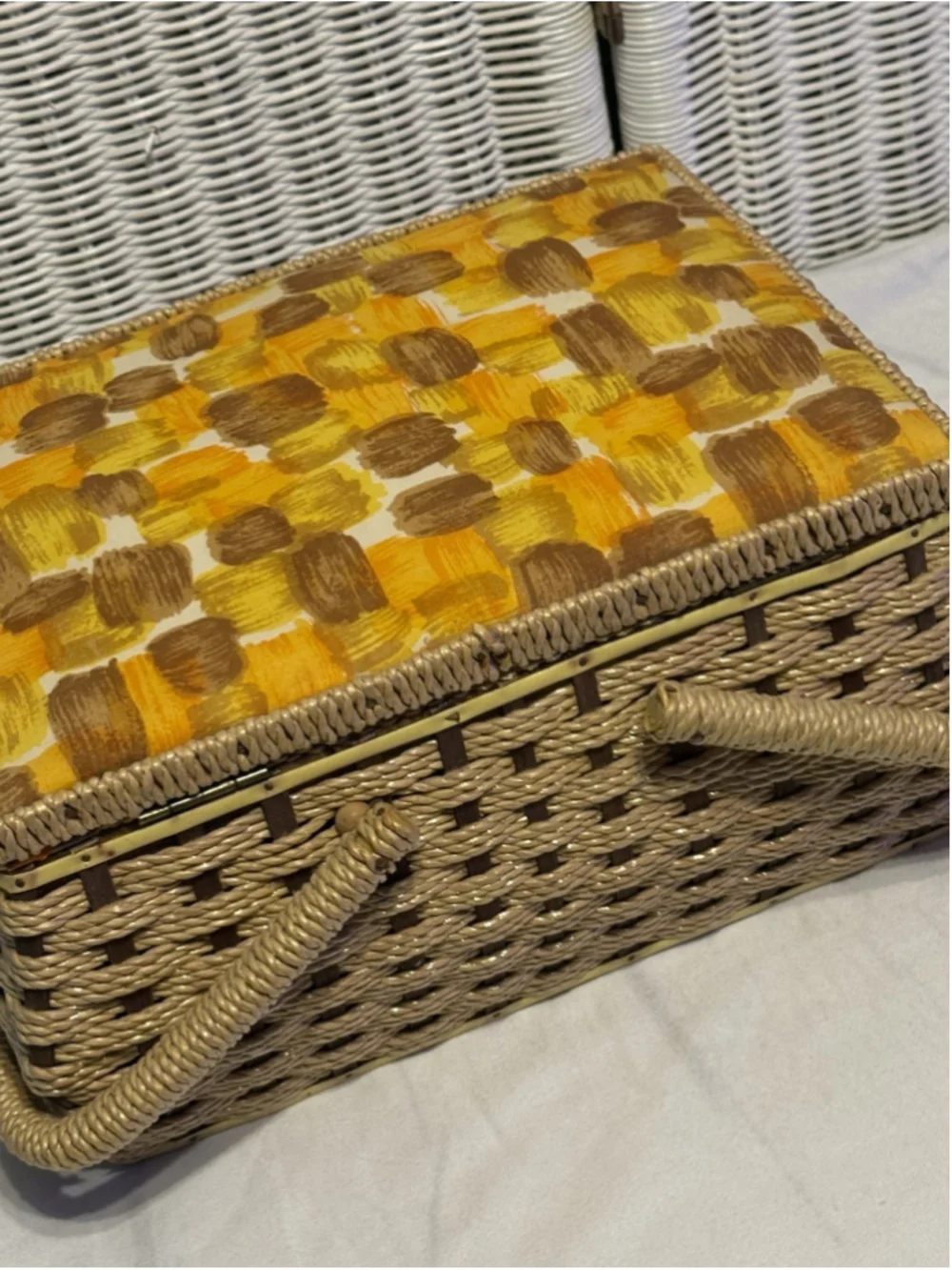 Vintage Retro Sewing Box Wicker Fabric Top Double Handle + Contents - NOTIONS